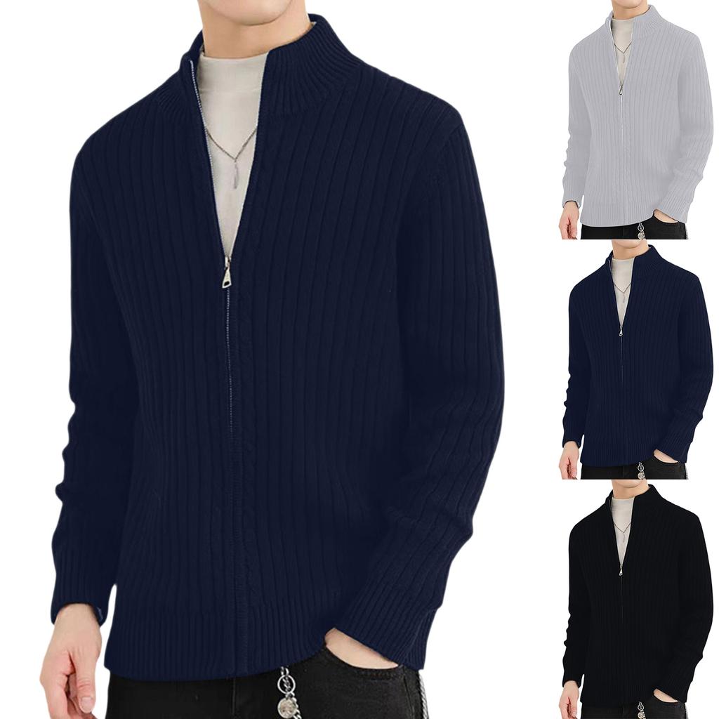 Men's  Standing Collar  Add Cotton  Adding Fleece  Thickened  Long Sleeves  Color Matching  Cardigan  Knitting  Sweater  Coat