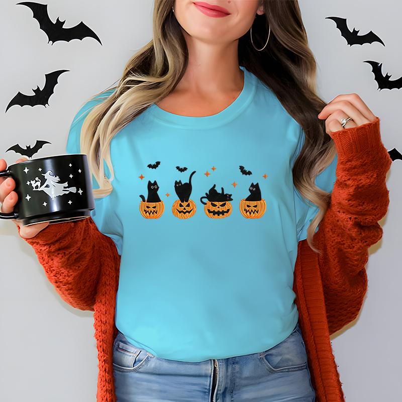 Black Cat Pumpkin Graphic T Shirts Women Trendy Halloween Retro Essential Classic Tops Cat Lover Spooky Season Halloween Tshirt