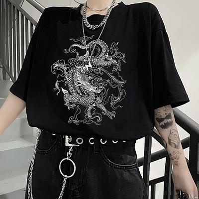 Korean Cute Dragon Punk Gothic Clothes Top Short Sleeve Hip Hop Vintage Print Bar Harajuku Women