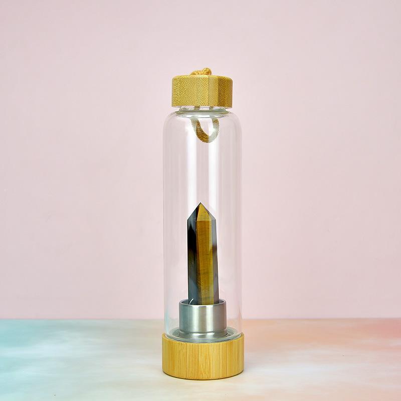 Crystal Stone Energy Pillar Glass Water Cup Bamboo Cap Natural Crystal Set Glass Cup