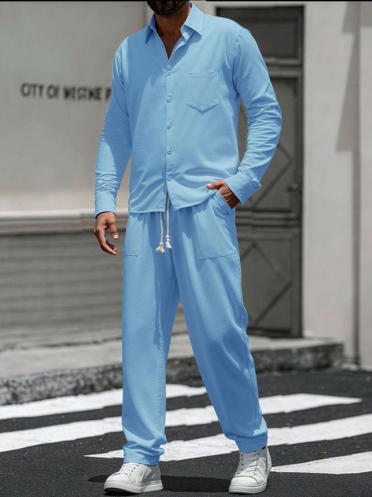 Men's Cotton Linen Two-Piece Set: Casual Loose Long Sleeve Shirt & Pants for Spring and Autumn