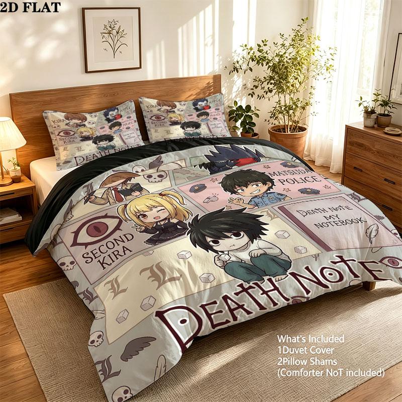 Pościel z Wzorem Death Note Zestaw Kołdra Poszewka na Kołdrę Poszewka na Poduszkę Domowy Prezent Urodzinowy(1 * poszwa na kołdrę + 2 * poszewki na poduszki, bez rdzenia)