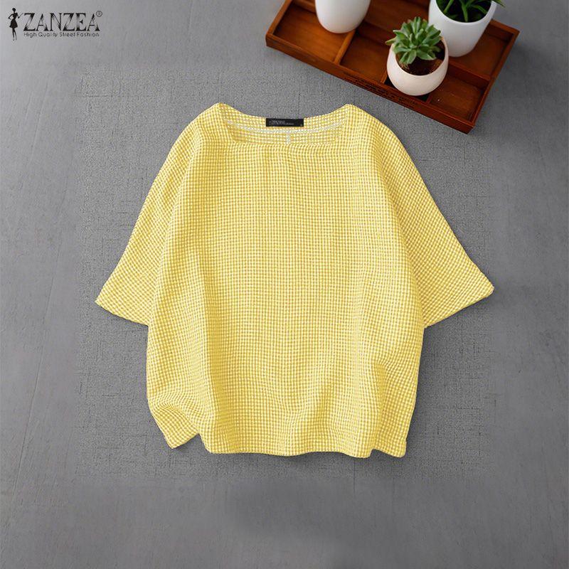 ZANZEA Women Casual Square Collar Half Sleeve Plaid Print Blouse Tops