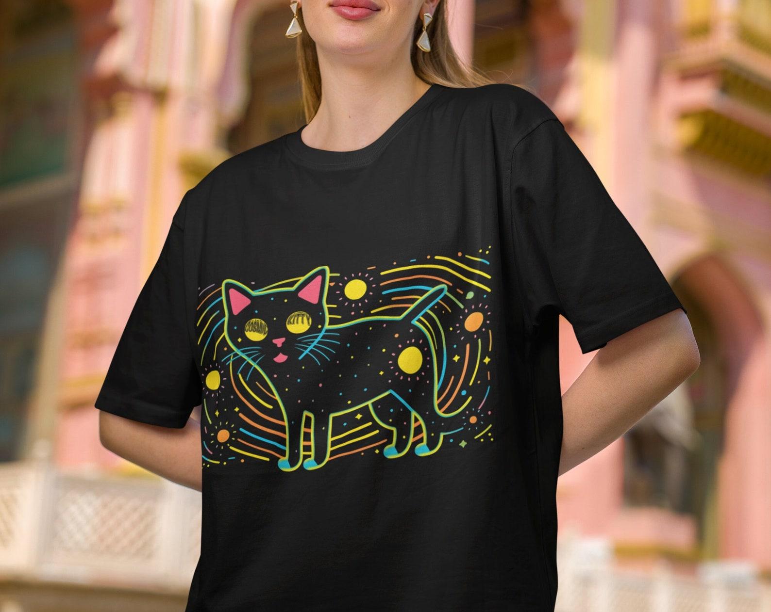 Cosmic Cat T-Shirt: Neon Celestial Feline, Unisex Cotton Tee S
