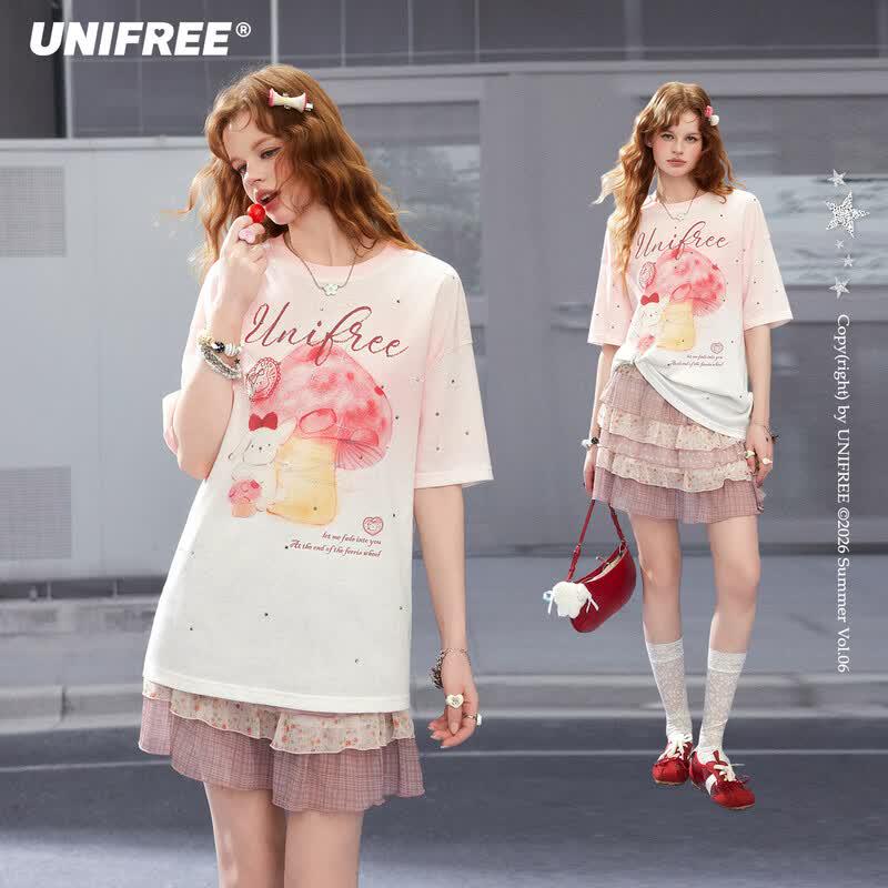 UNIFREE 2026 Summer Tie-Dye Mushroom Print Loose T-Shirt L