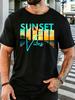 Unisex Sunset Vibes Tropical Scenery Letter Graphic Cotton Short Sleeve Tee Crew Neck Soft Male Summer Casual Breathable Street Top