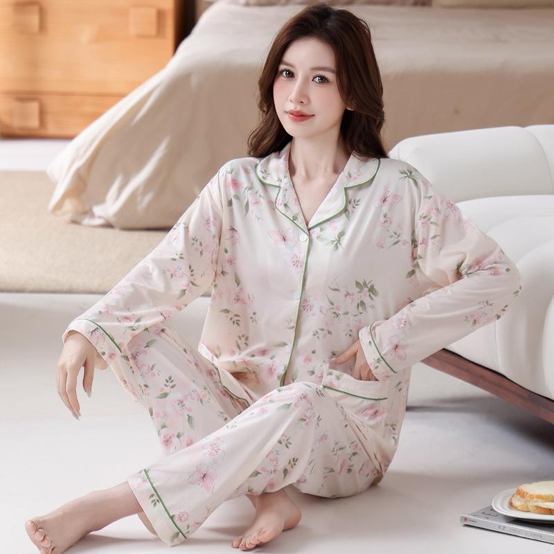 Fashion sweet printed pajamas women's spring and autumn imitation cotton long-sleeved loungewear large size comfortable mother suit