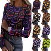 Women's Casual Long Sleeve Ribbed Top Halloween Pumpkin Print Round Neck Slim Fit Stretchy Shirt