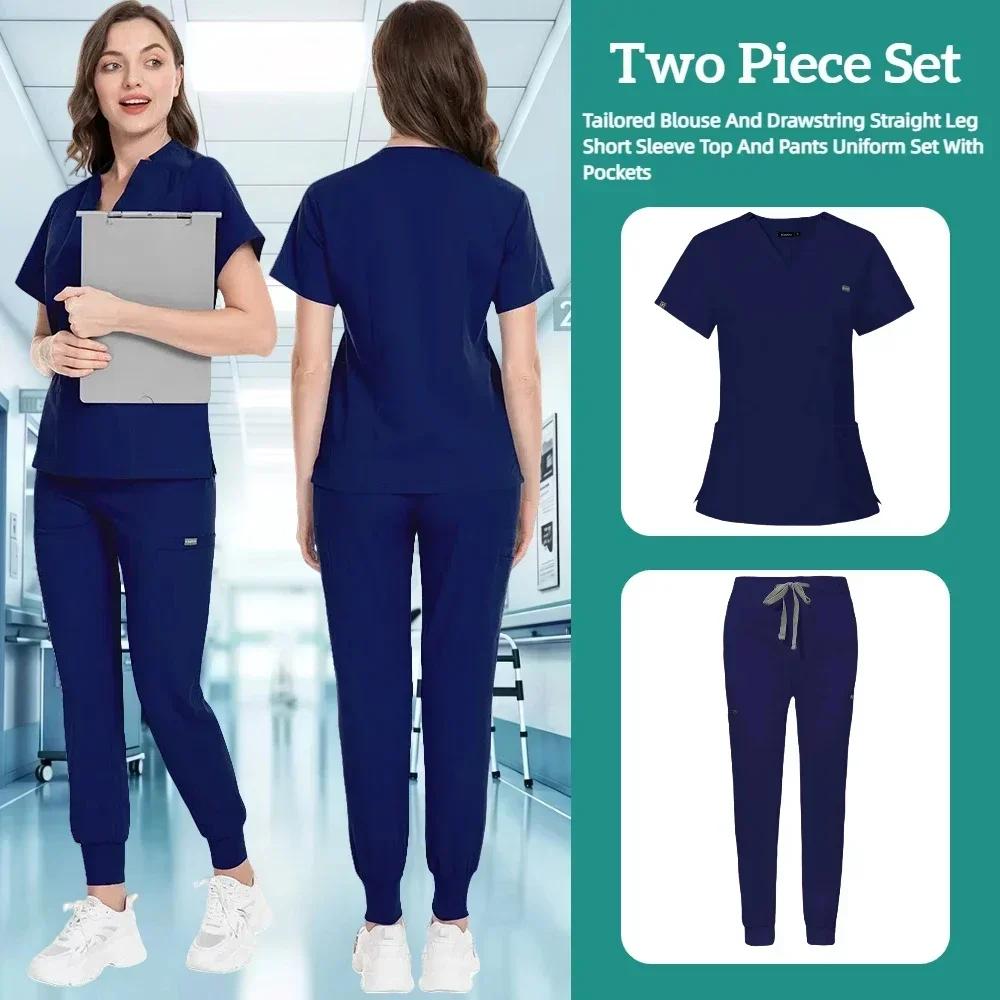 Zdravotnický uniformní oblek Krátký rukáv V-výstřih Topy+jogger kalhoty Set Ošetřovatelská uniforma Dámská Vícebarevná Pet Doctor Scrub Lékařské pracovní oblečení