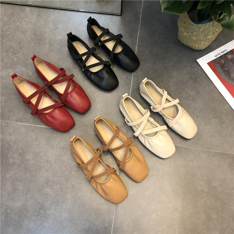 Fashion Spring Ballet Flat Shoes Women Comfy Leather Shoes  Women Luxury Women Square Toe Flat Mary Janes Ladies Shoes Double Buckle