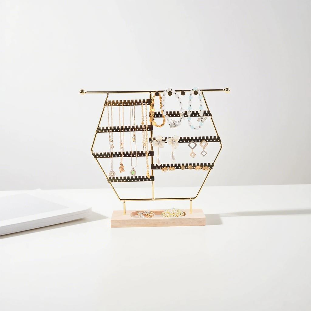 Fashion Metal Hexagonal Jewelry Rack Desktop Pendant Necklace Bracelet Earring Ring Display Storage Stand Counter Showcase Props