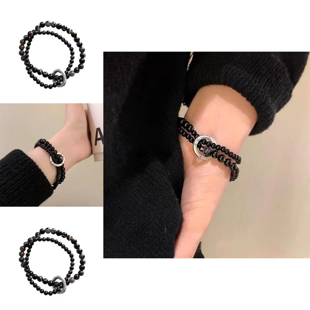 Elegant Black Beaded Bracelet For Men And Women With Handmade Alloy Double Circle Design