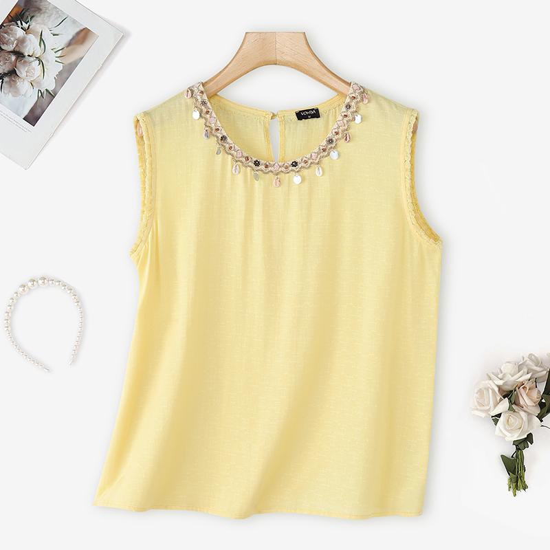 

VONDA Women Embroidery Beading O-neck Sleeveless Casual Loose Tank Tops S жовтий