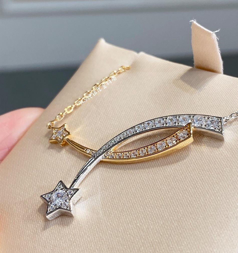 New Hot Brand Vintage Necklace Gifts For Weeding Luxury Jewelry For Women Pink Gold Zircon 2 Star Comet Pure 925 Sliver Pendant