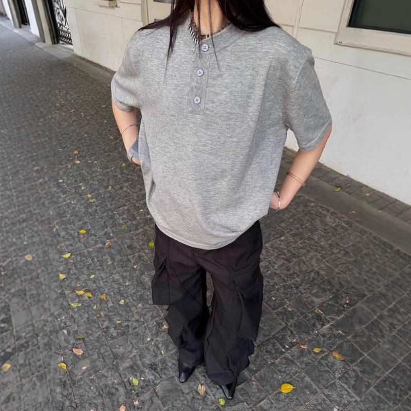 

Мужская футболка хенли с коротким рукавом в стиле «old money», тяжелая, повседневный базовый слой свободного кроя M хизер серый