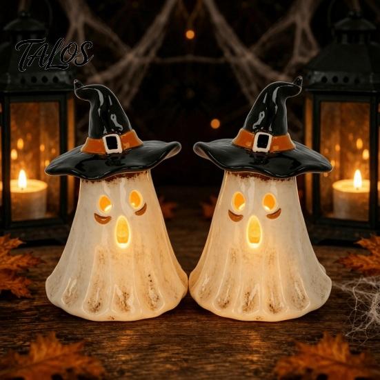 Holiday Atmospheric Night Lights Witch Hat Ghost Tealight Candle Holder, Vintage Resin Halloween Tabletop Decor Decorative for Countertops with