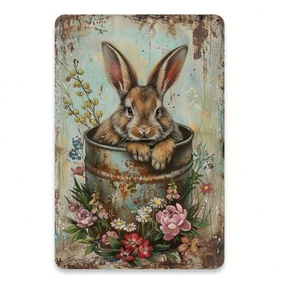 Cottagecore Metal Wall Art Cute Rabbit in Bucket with Flowers Home Decor
