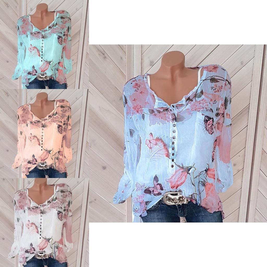 Premium Quality Chiffon Women Casual Floral Printed Buttons T-shirt Irregular Tops Blouse