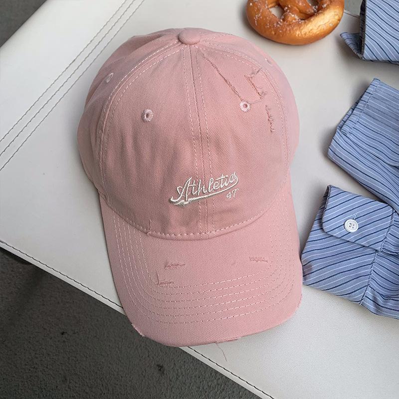 Ripped Japanese Versatile Letter Embroidered Baseball Cap Women'S Spring And Summer Soft Top Retro Cap Shows Small Face, Simple And Fashionable