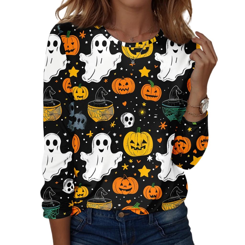 Women's Casual Long Sleeve Halloween Print Pullover Top Crew Neck Lightweight Sweatshirt for Fall and Everyday Wear