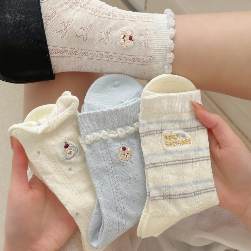 Summer Lightweight Children's Sock Featuring Cartoon Little Bear Embroidery, Thick Pile Socks with Stripes and Letters, Cotton Material
