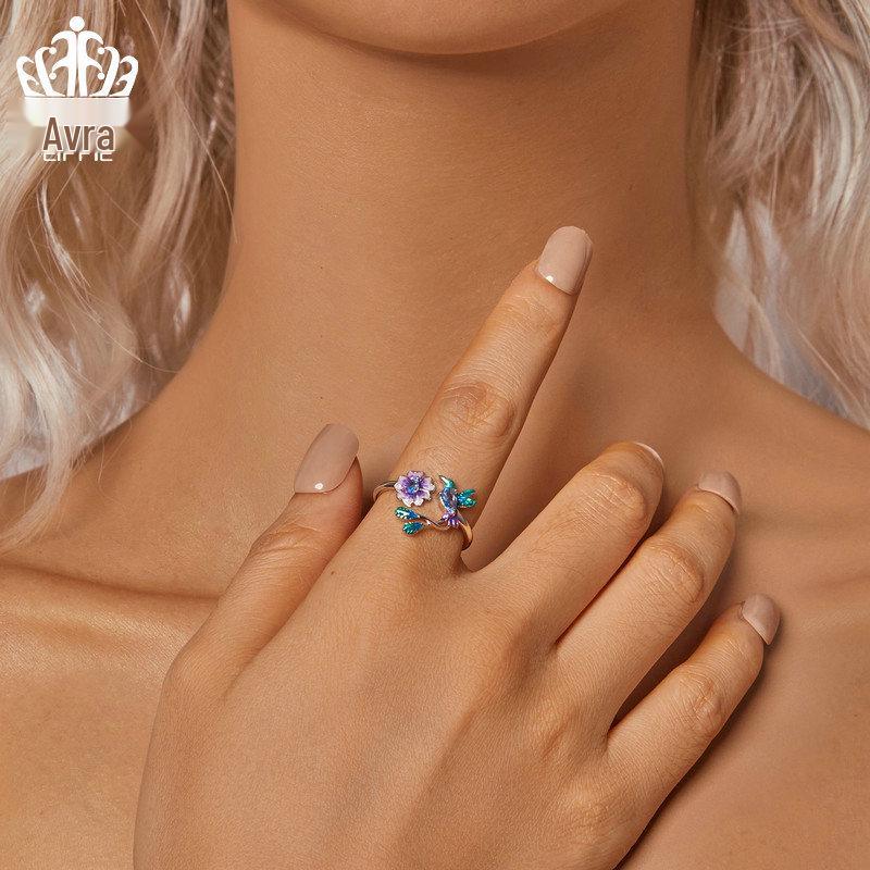 Avle Spring Bird & Flower Adjustable Open Ring - S925 Sterling Silver for Women