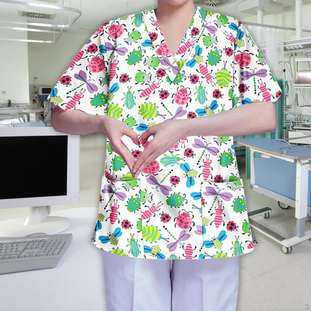 Women's V Neck Scrub Shirt Breathable Workwear Nurse Work Uniform Nursing Top for Women