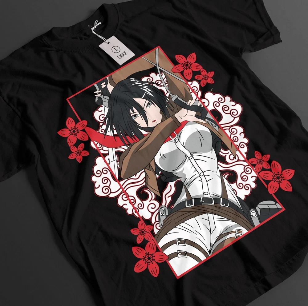 Anime Attack On Titan Mikasa AckerUnisex Hibiscus Floral Black TShirt Size S4XL S