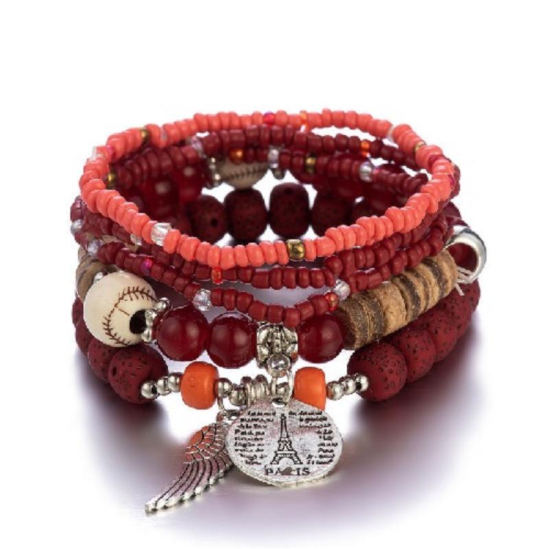 Bohemian Bracelet Leaf Ethnic Style Pendant Elastic Rope Beaded Multi-layer Bracelet