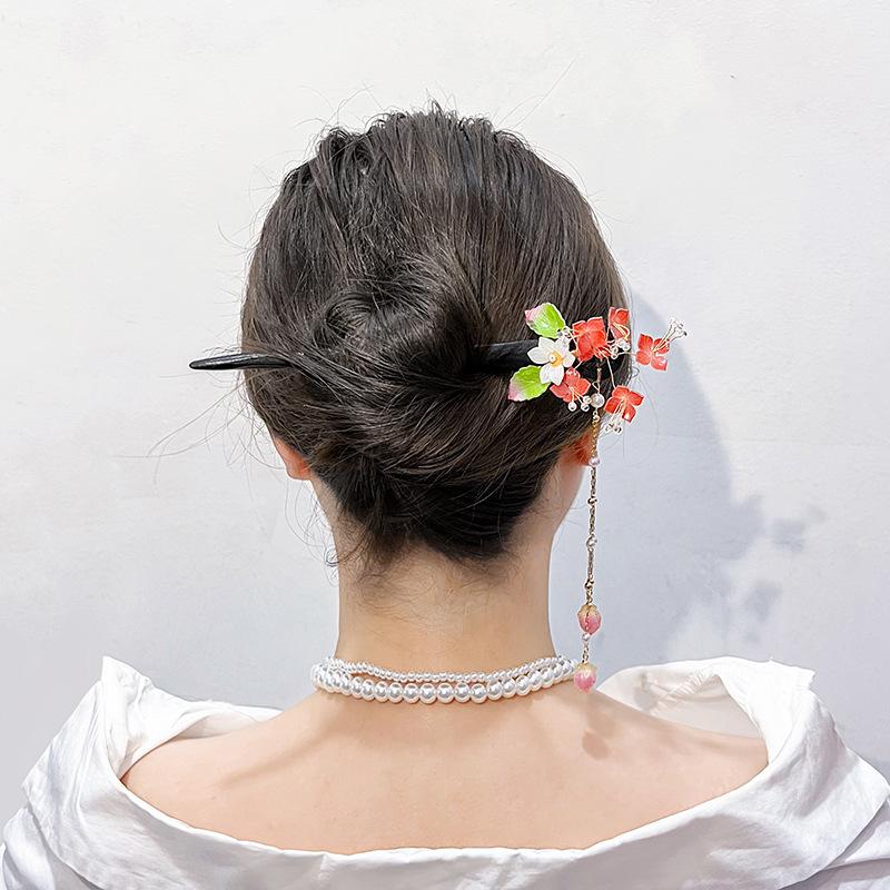 Ebony Ancient Wind Hairpin Exquisite Disk Pull Hair Glazed Beads Flowers Tassel Step Shaking Hanfu Ancient Costume Hairpin Hair Accessory