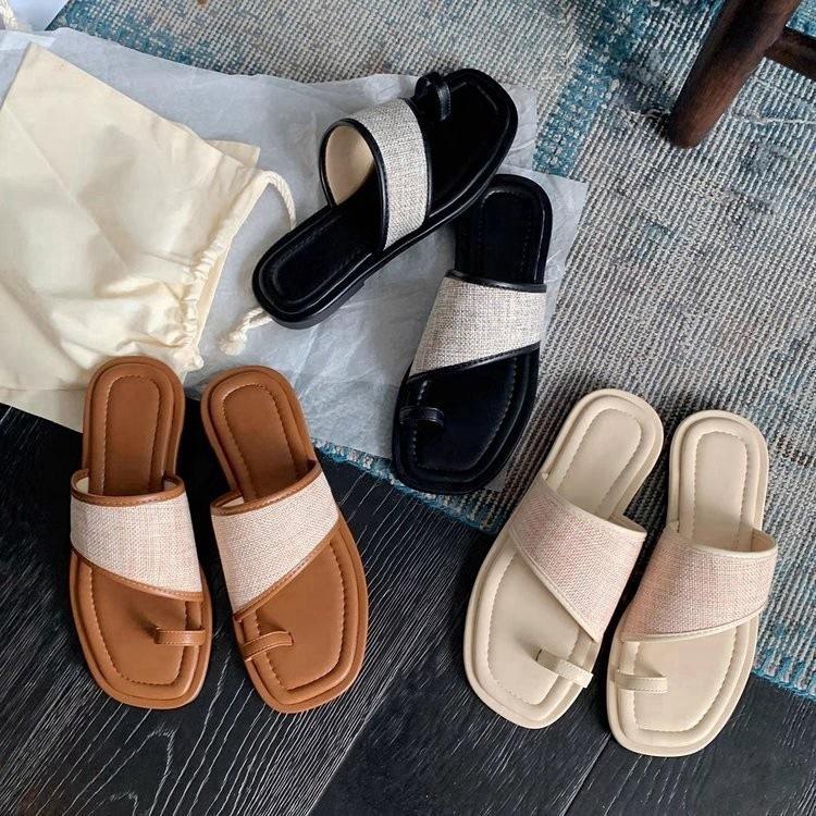 Square head cover toe straw woven flat slippers women's summer wear new casual sandals belt