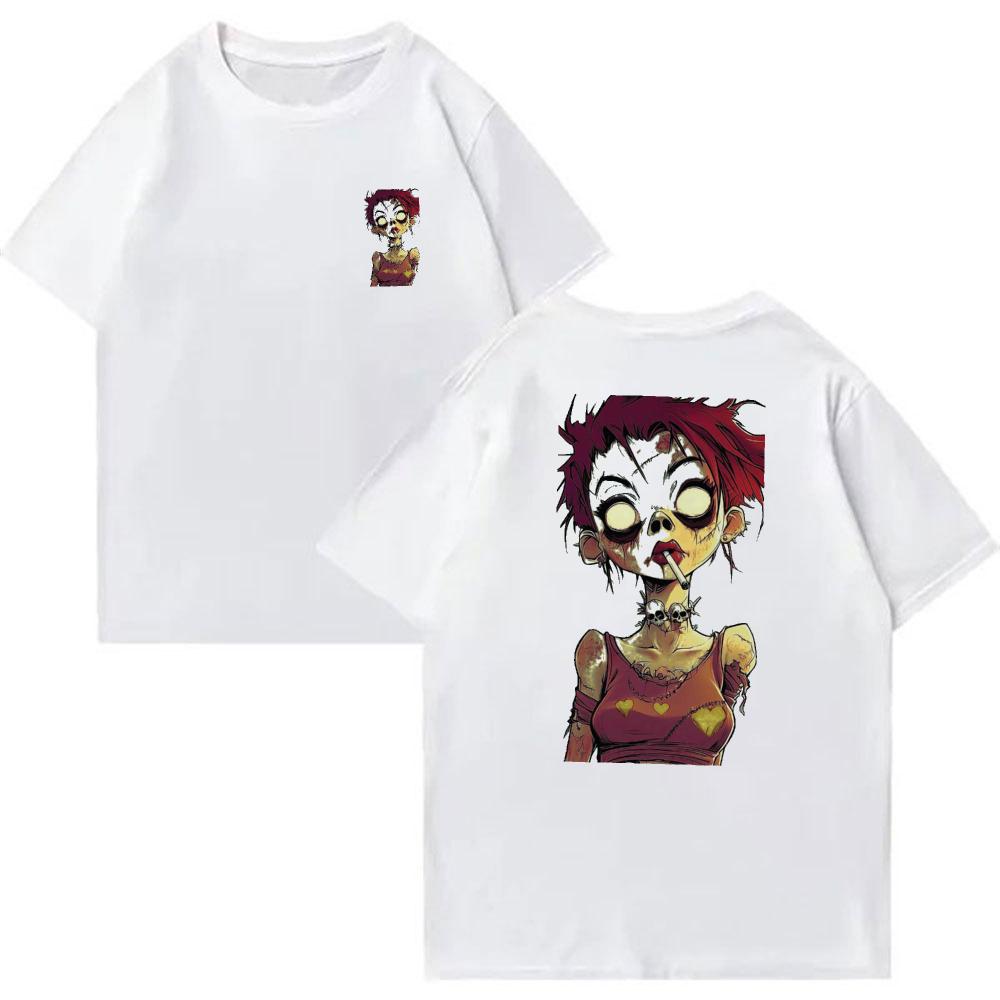 Zombie Girl Cartoon Graphic T Shirt Oversized Back Print Grunge Skull Neck Horror Tee Y2K Streetwear Cotton Short Sleeve