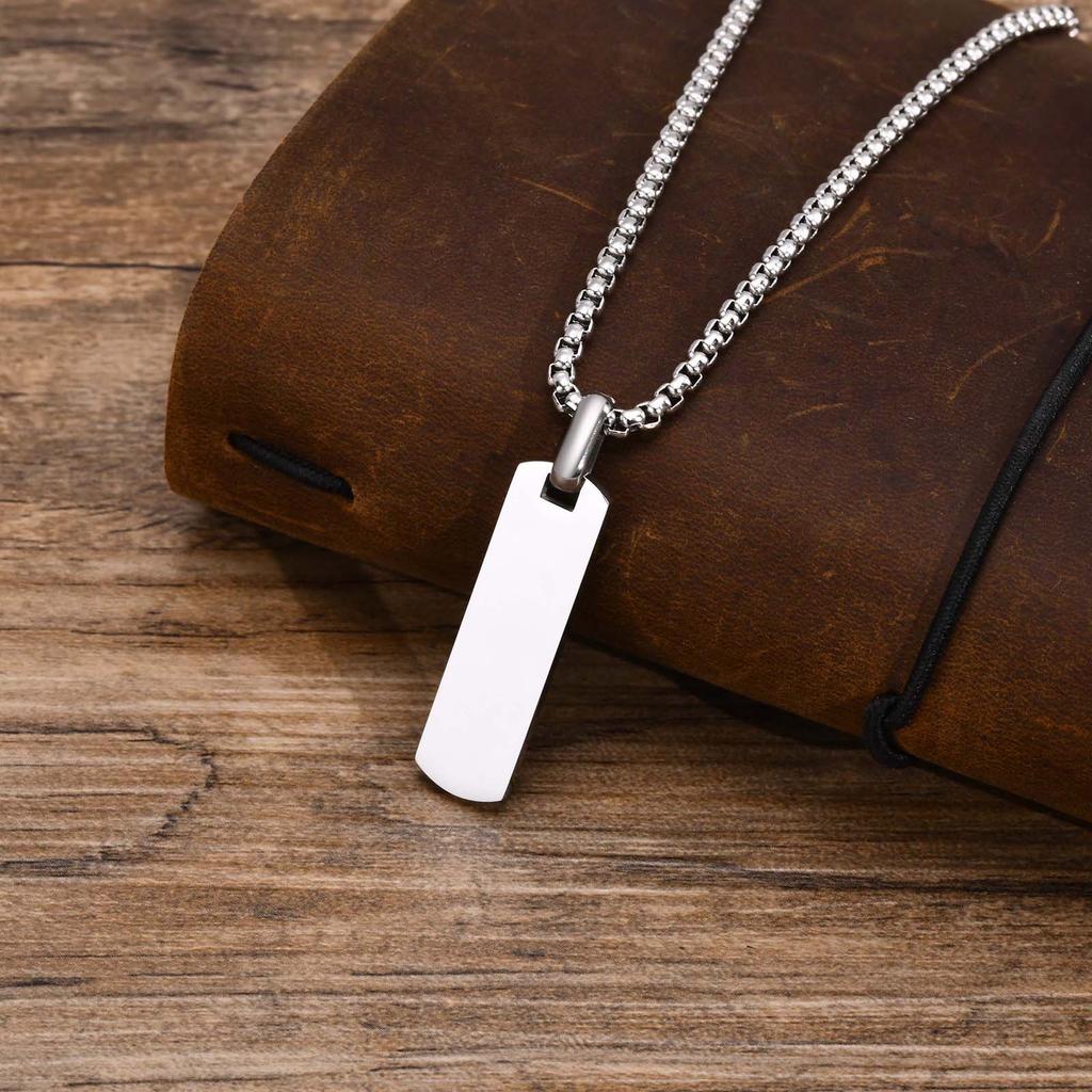 Free Custom Personalized Bar Necklaces for Men Boys, Waterproof Stainless Steel Vertical Geometric Pendant with Box Chain