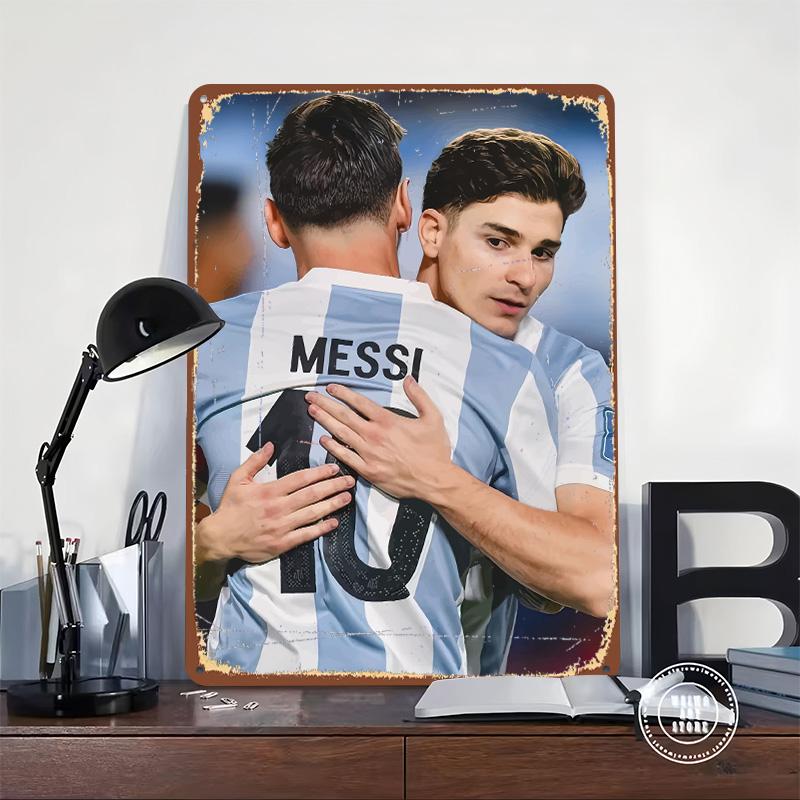 Messi and Alvarez Hugging Celebration Tinplate Poster Customized Wall Art Vintage Metal Signs Retro Tin Plaque for Office Decor