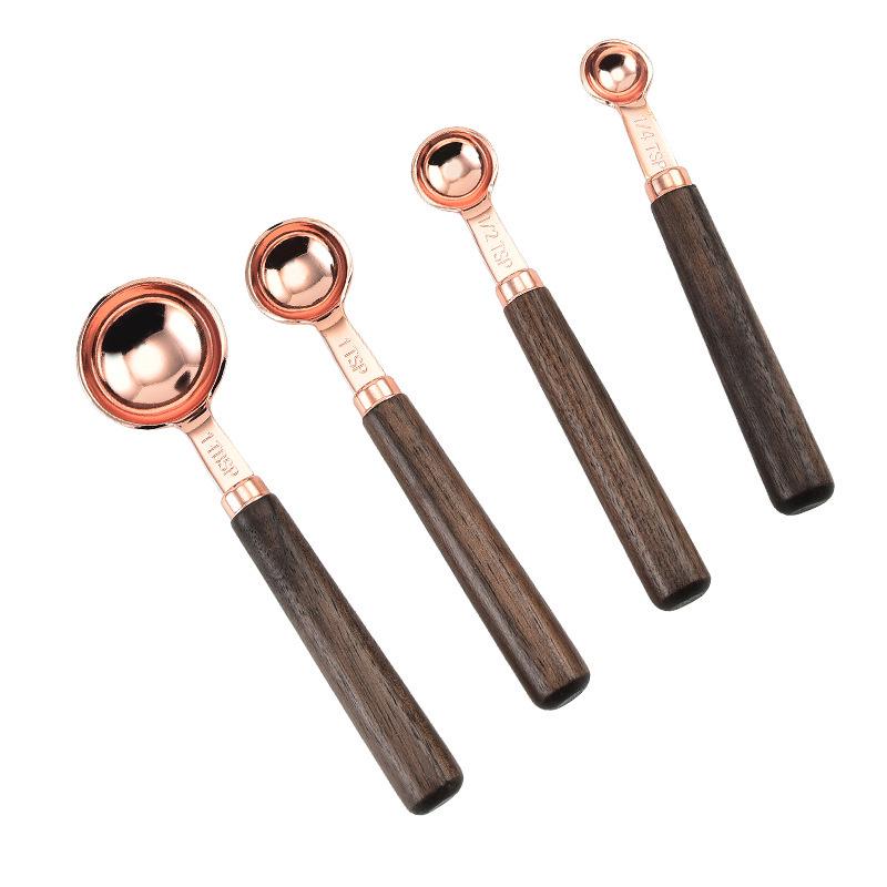 8-Piece Stainless Steel Measuring Cups & Spoons with Walnut Wood Handles & Rose Gold Finish