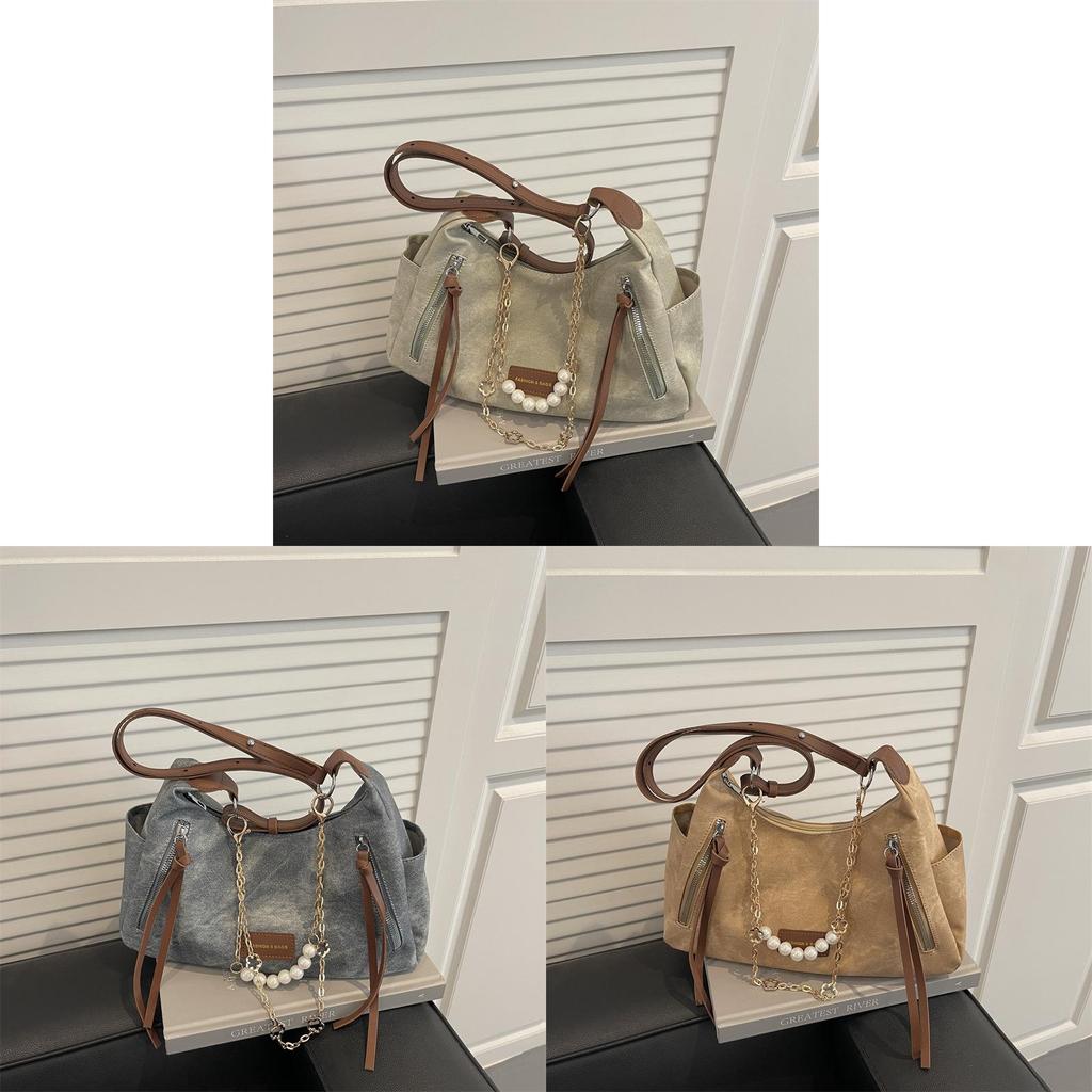 Street Style Tote Bag With Pearl Chain Large Capacity For Daily Use