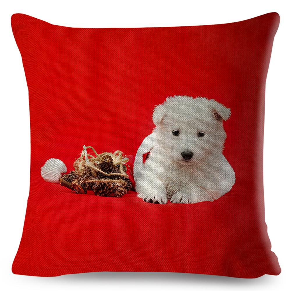Holiday Puppy Cushion Cover Merry Christmas New Year Design Soft Linen Blend Home Decor Pillow Case