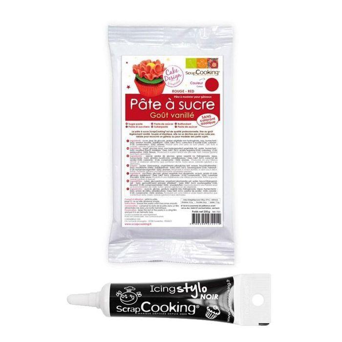 Pâte à sucre rouge 250 g + Stylo de glaçage noir