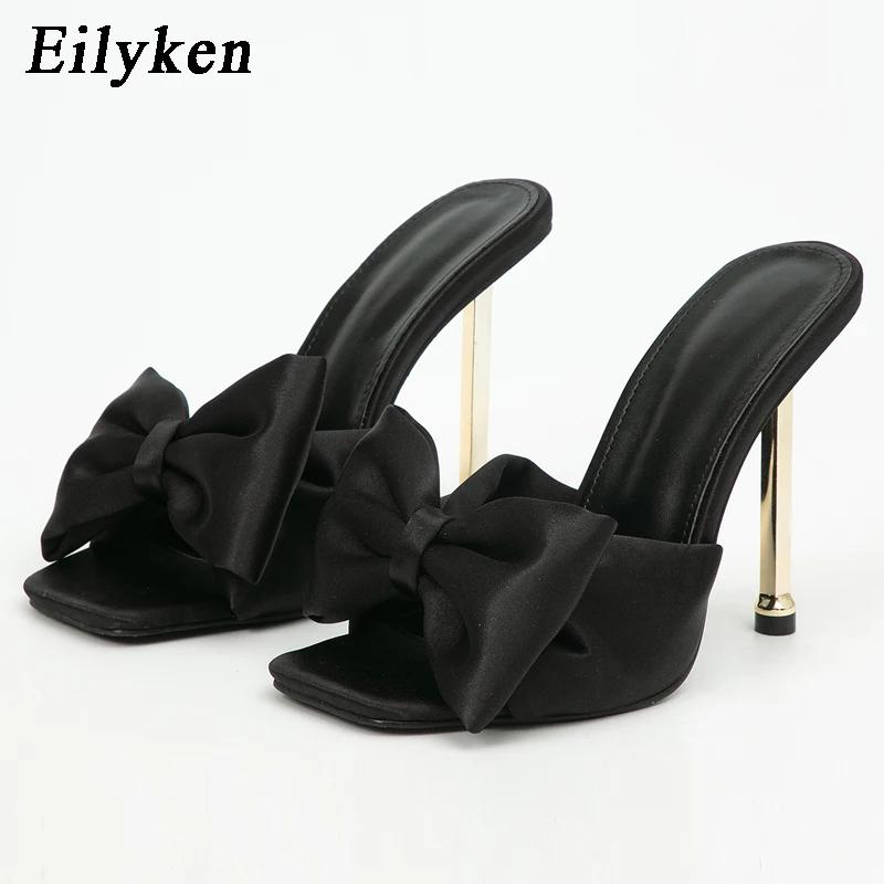 Fashion Eilyken New Arrival Silk Butterfly-knot High Heels Women Slippers Square Toe Mule Slippers Slides Party Pumps Shoes