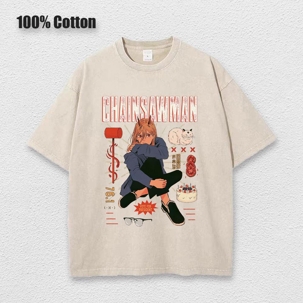 Anime Chainsaw Man Acidové tričko Retro Vintage Prané Tištěné Grafické Tričko Pánské Bavlněné Ležérní Tričko s Krátkým Rukávem Topy