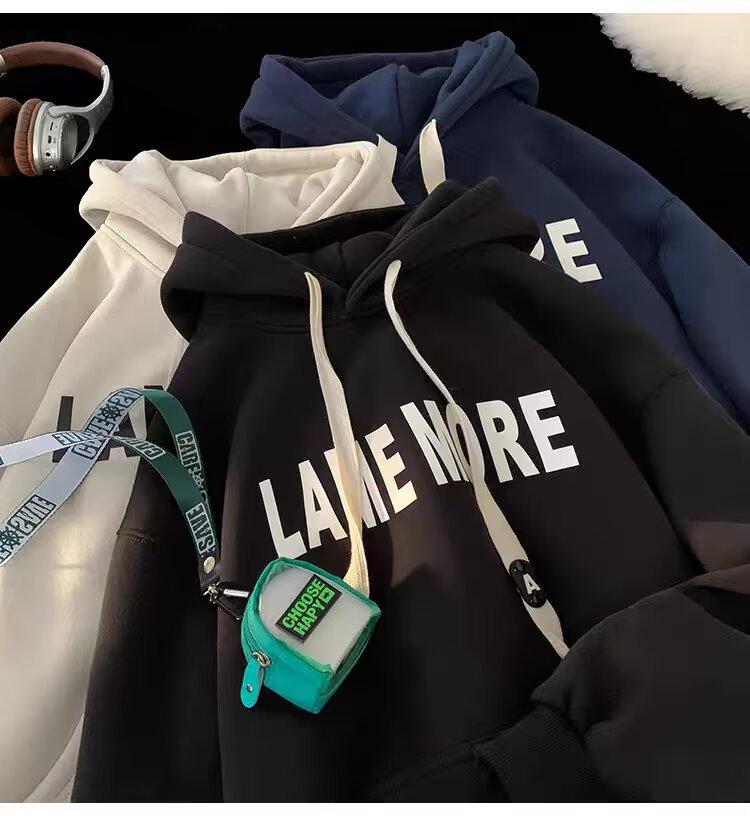 Unisex Loose Fit Thickened Velvet Hoodie with Logo Print for Autumn/Winter 2025