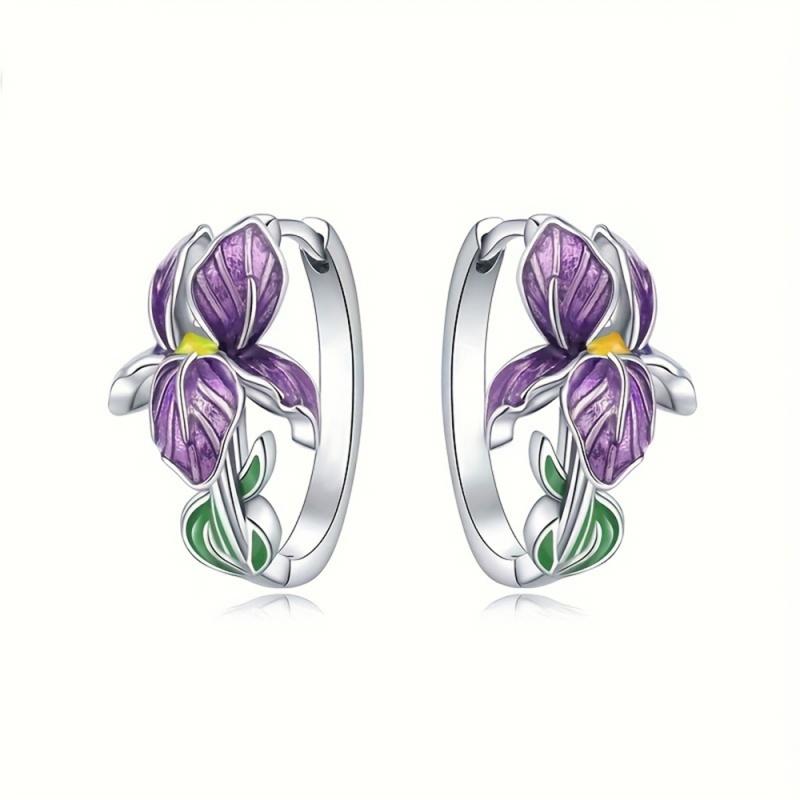 

CAOSHI Charming Purple Flower Hoop Earrings for Women Handmade Enamel Accessories Copper Color Daily Wearable Statement Zircon