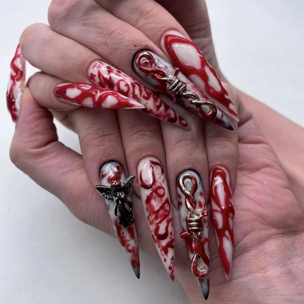 24PCS/SET 3D Red French Nail Stickers Party Wear Nails Removable Nail Art False Nails Bow Nail Art