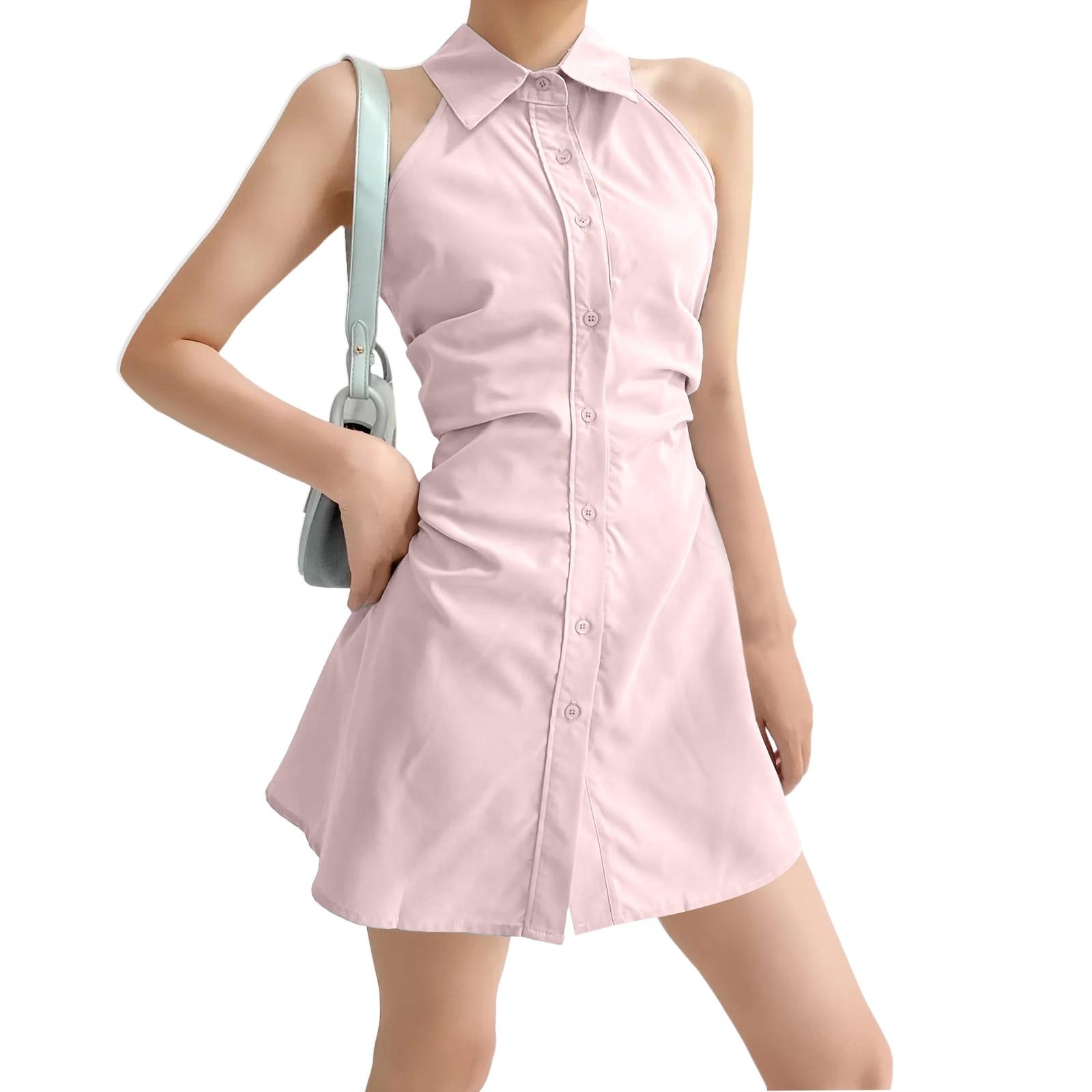 

Женские платья с лацканами, однобортные, без рукавов, с плиссировкой на талии, повседневные, темпераментные, элегантные платья S розовый