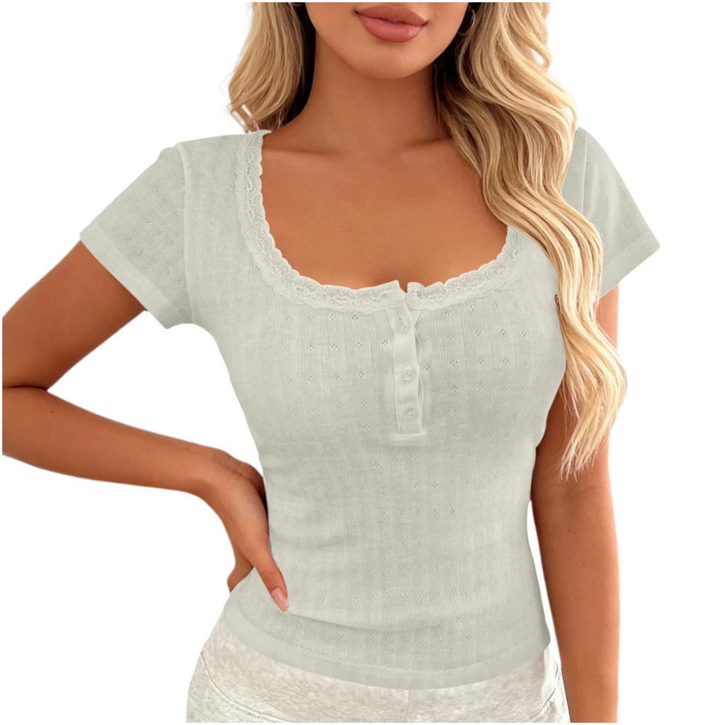 Women Short Sleeve Ribbed Knit Top Lace Trim Square Neck Button Casual Fitted T Shirt Blouse