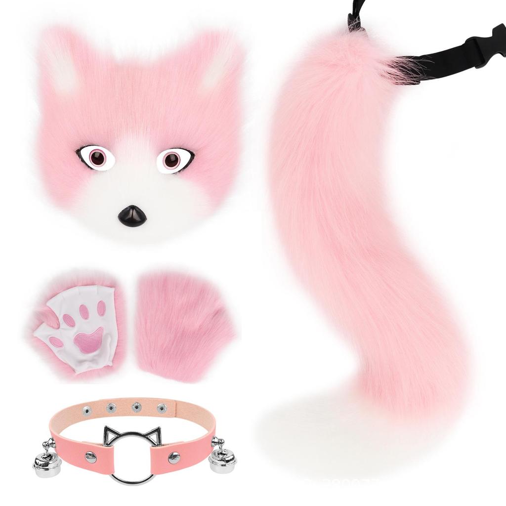 Halloween Fox Mask & Gloves with Plush Tail and Collar Set for Cosplay