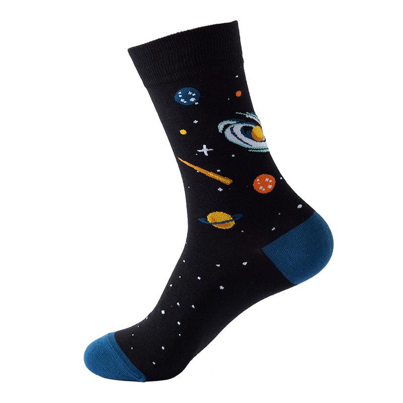 1Pair Funny Ins Astronaut Airplane Heavenly Body Middle Tube Men Happy Socks Streetwear Cotton Male Skateboard Boys Adult Sox