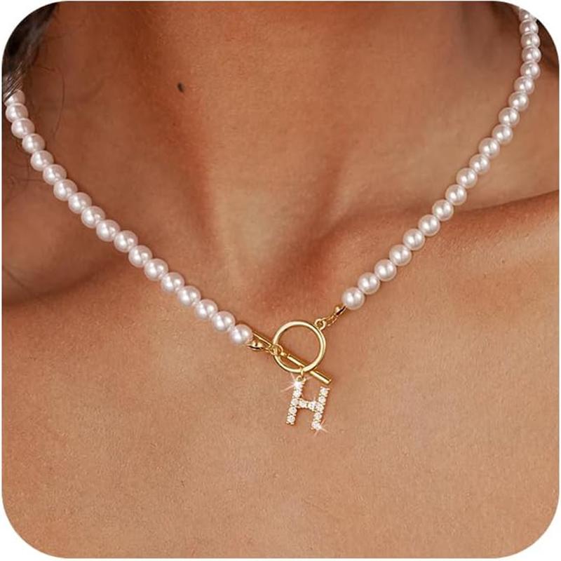 Rhinestone Letter Imitation Pearl Choker Necklace For Women Gold Plated Crystal Initial Pendant Necklace