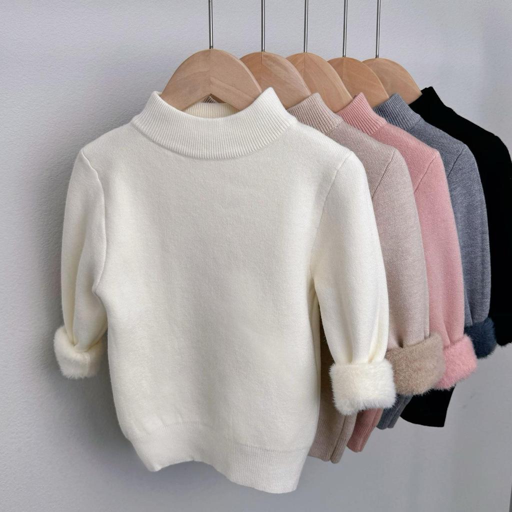 Girls' Fleece-Lined Thick Soft Base Layer Sweater - Half-High Collar for Autumn/Winter