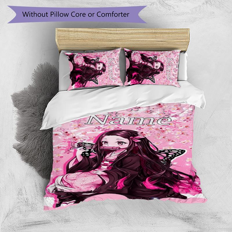 3pcs Custom Name Demon Slayer Nezuko Bedding Set Duvet Cover Closure Includes 1 Duvet Cover & 2 Pillowcases for All Seasons Bedroom Decor